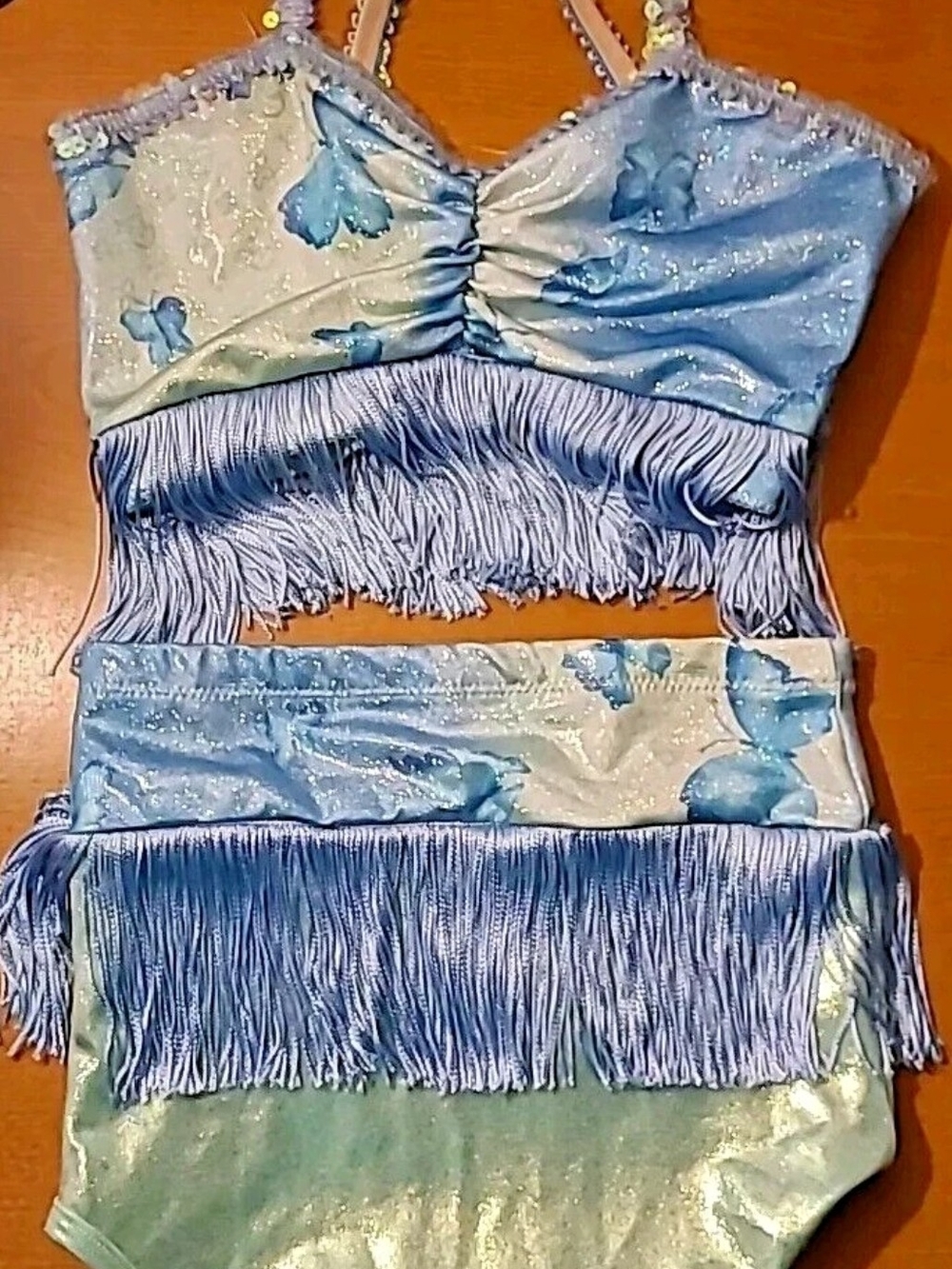 Shimmery Blue Fringe Two-Piece Dance Costume By Curtain Call Size CLA